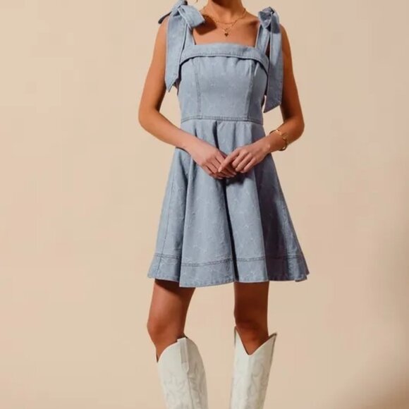 ✨NWT SO ME A Line Fit and Flare‎ Diamond Bow Ribbon Denim Dres - Picture 7 of 10